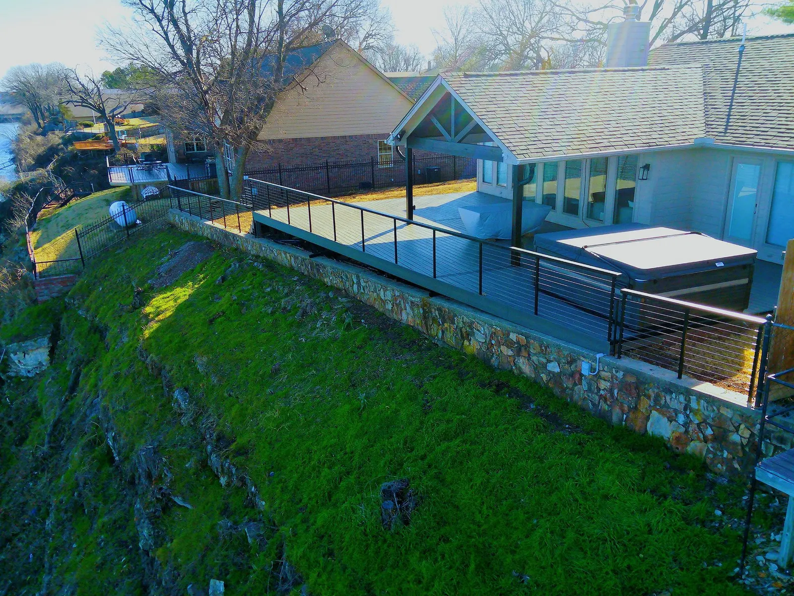 Steel-framed deck with metal railing